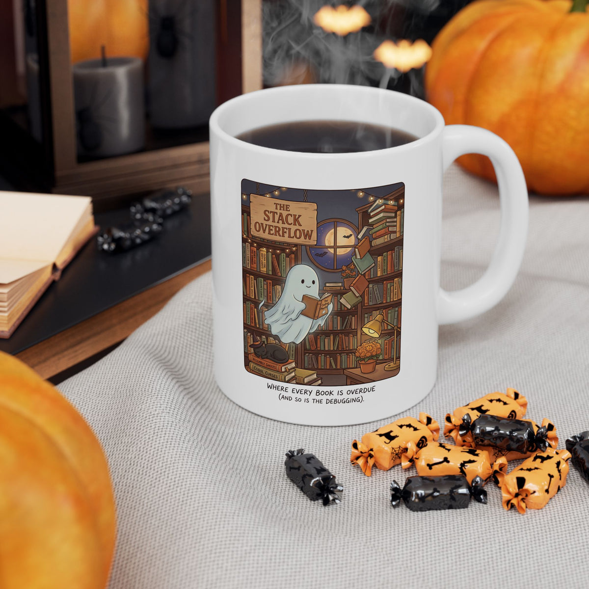 Ghost Library Mug, Funny Programmer Gift, Bookworm Coder Coffee Mug, Cozy Spooky Developer Gift, Book Lover IT Gift