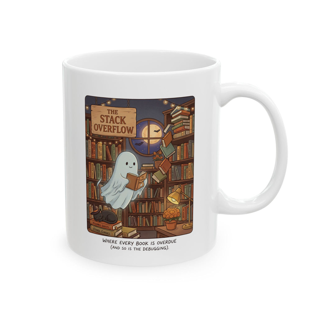 Ghost Library Mug, Funny Programmer Gift, Bookworm Coder Coffee Mug, Cozy Spooky Developer Gift, Book Lover IT Gift