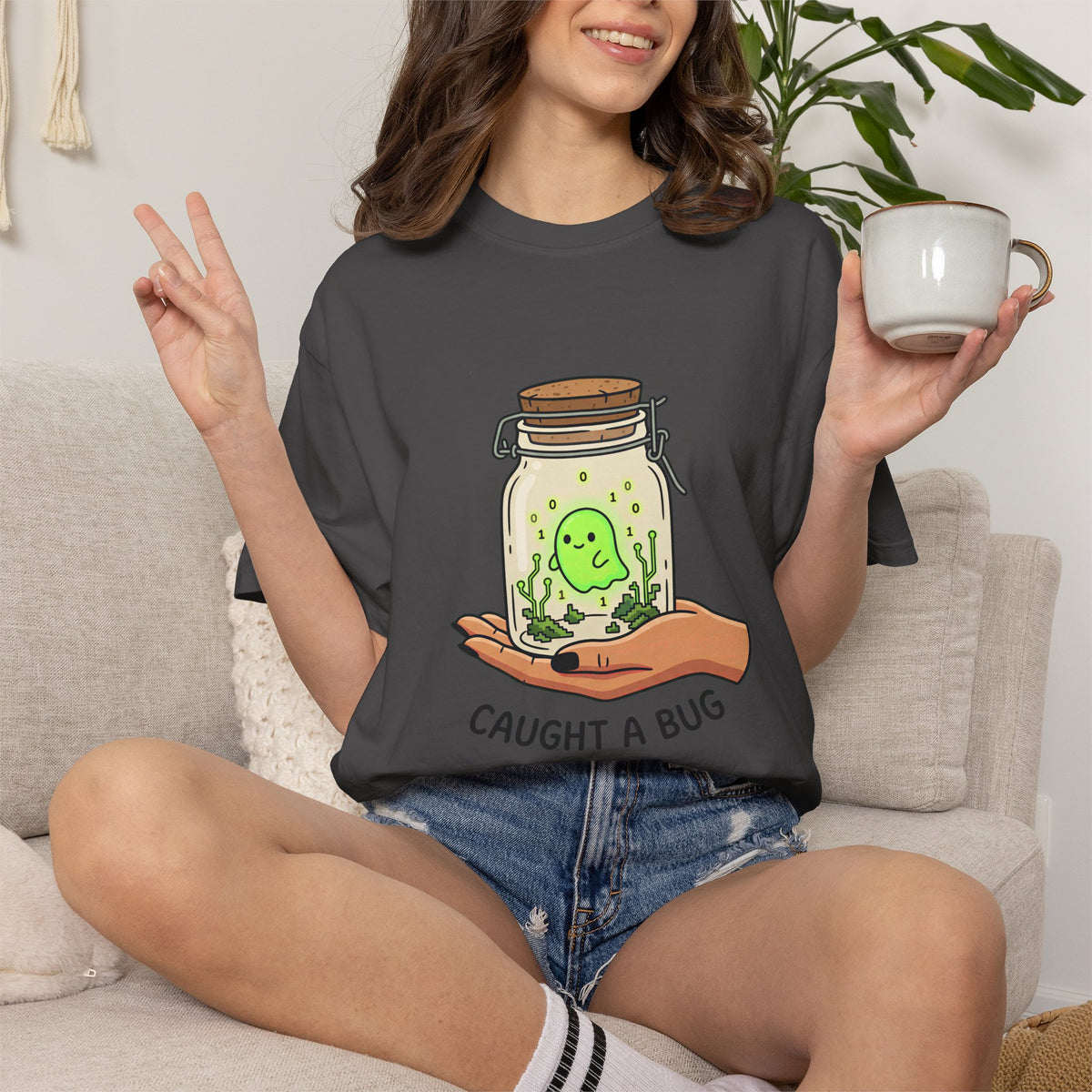 Caught a Bug Ghost in a Jar T-Shirt, Funny Halloween Shirt for Programmers, Developers & Computer Geeks, Cute Data Ghost Terrarium Tee