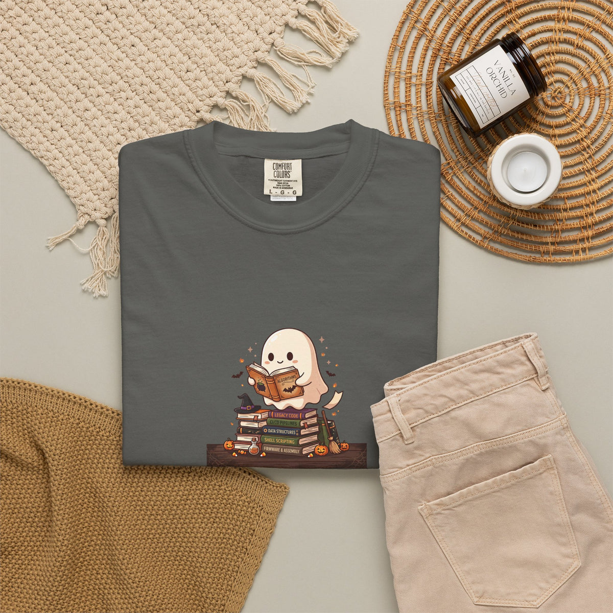Ghost Reading Stack T-Shirt — Cute Bookish Halloween Tee