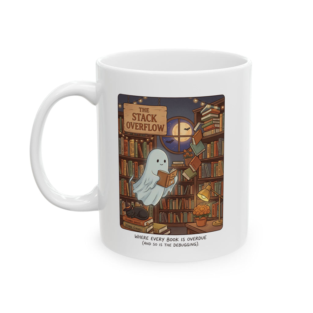 Ghost Library Mug, Funny Programmer Gift, Bookworm Coder Coffee Mug, Cozy Spooky Developer Gift, Book Lover IT Gift