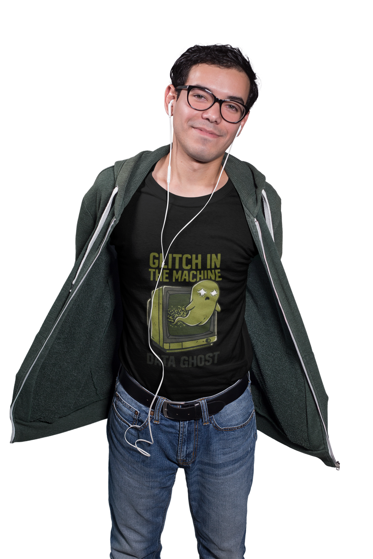 Glitch in the Machine Ghost T-Shirt, Funny Halloween Shirt for Programmers, Software Developers & IT Nerds, Retro CRT Computer Graphic Tee