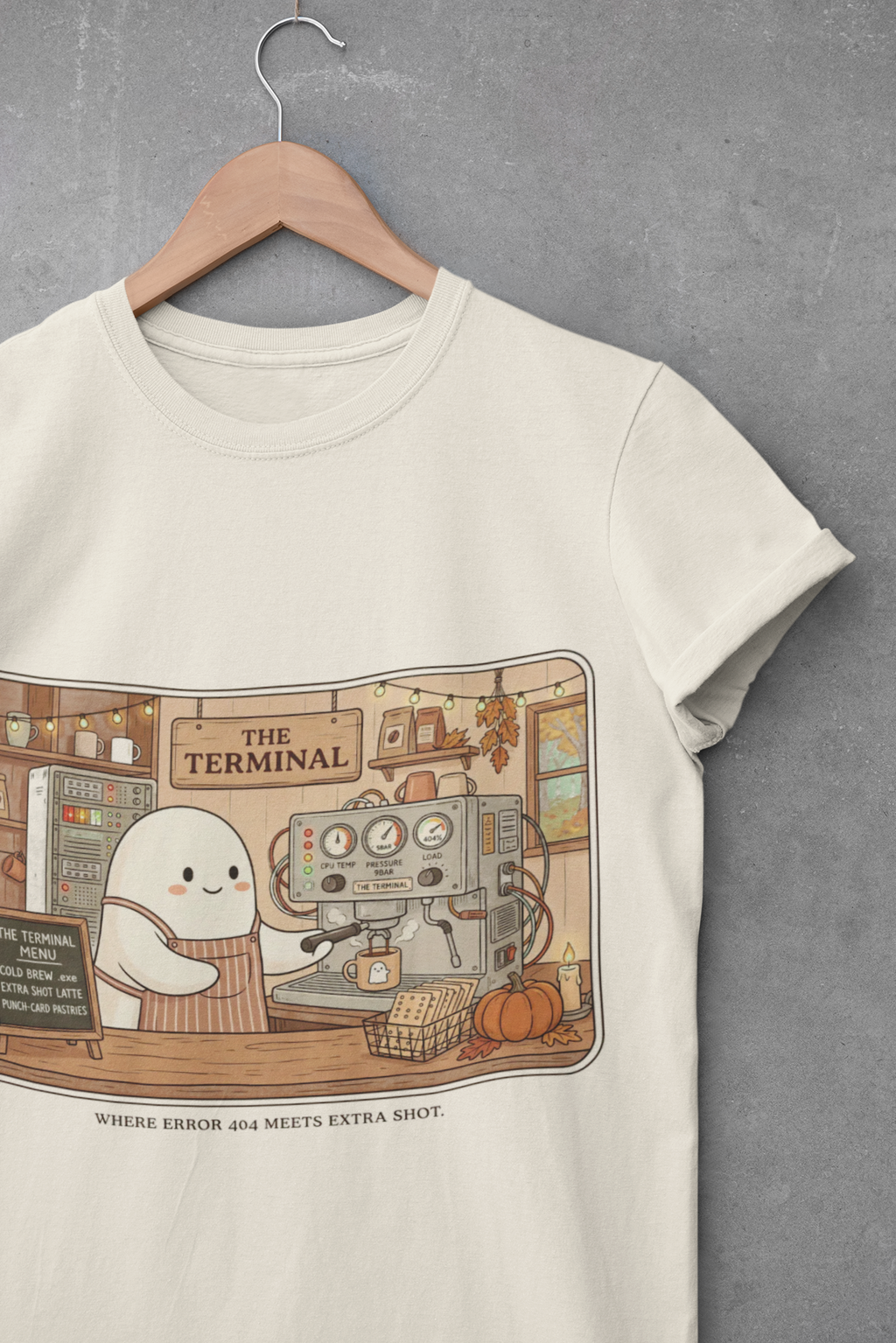 Halloween Ghost Barista Shirt, Funny Coffee Nerd Tee, Programmer Halloween T-Shirt, Computer Science Gift, Error 404 Extra Shot, Comfort Colors