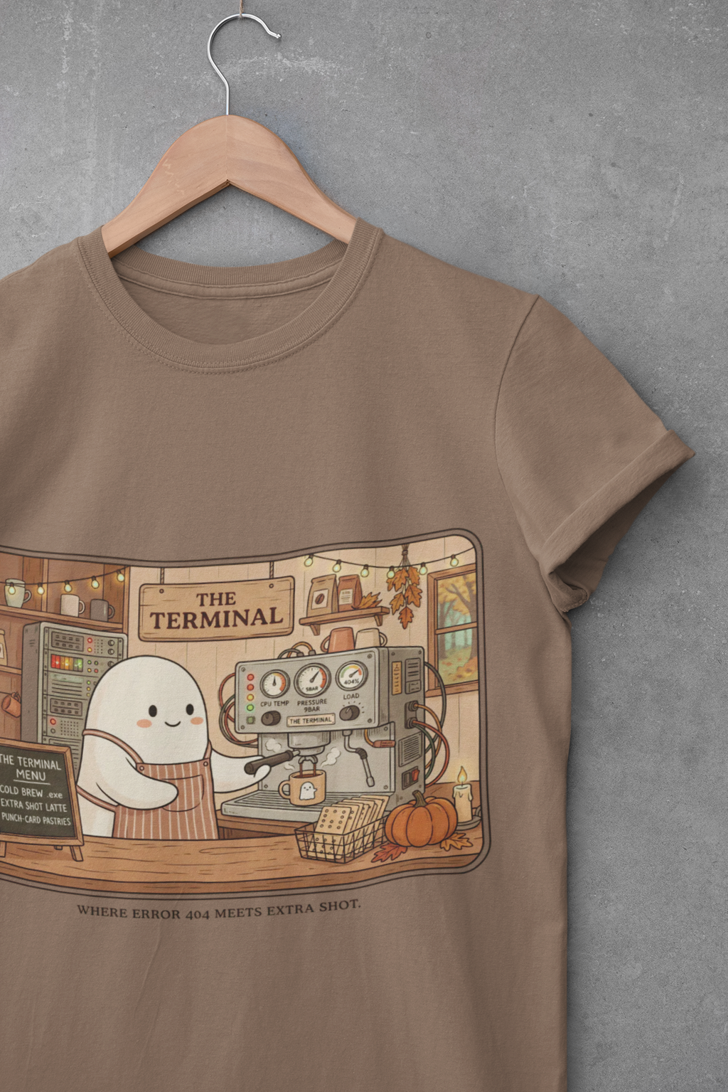 Halloween Ghost Barista Shirt, Funny Coffee Nerd Tee, Programmer Halloween T-Shirt, Computer Science Gift, Error 404 Extra Shot, Comfort Colors