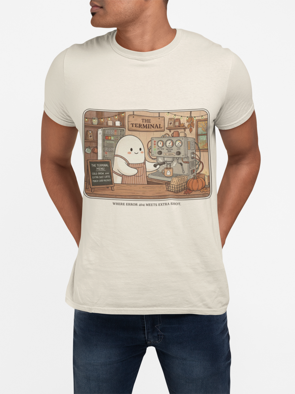 Halloween Ghost Barista Shirt, Funny Coffee Nerd Tee, Programmer Halloween T-Shirt, Computer Science Gift, Error 404 Extra Shot, Comfort Colors