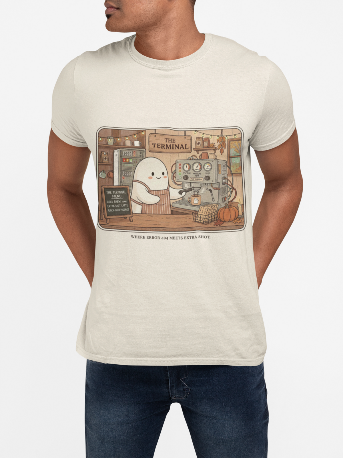 Halloween Ghost Barista Shirt, Funny Coffee Nerd Tee, Programmer Halloween T-Shirt, Computer Science Gift, Error 404 Extra Shot, Comfort Colors