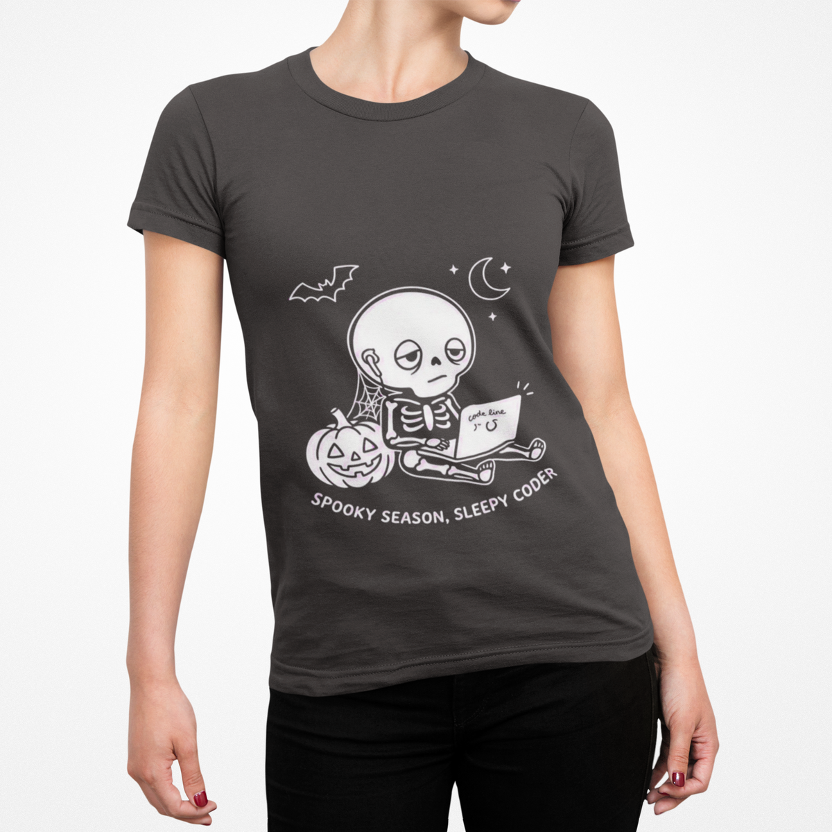 Spooky Season Sleepy Coder Shirt, Cute Skeleton Programmer Tee, Halloween Coding Shirt, Computer Nerd Gift, Funny Developer T-Shirt
