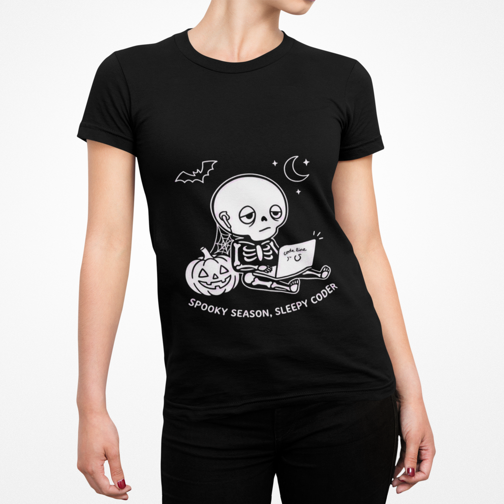 Spooky Season Sleepy Coder Shirt, Cute Skeleton Programmer Tee, Halloween Coding Shirt, Computer Nerd Gift, Funny Developer T-Shirt