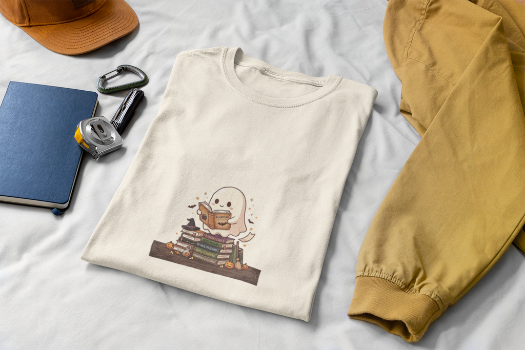 Ghost Reading Stack T-Shirt — Cute Bookish Halloween Tee