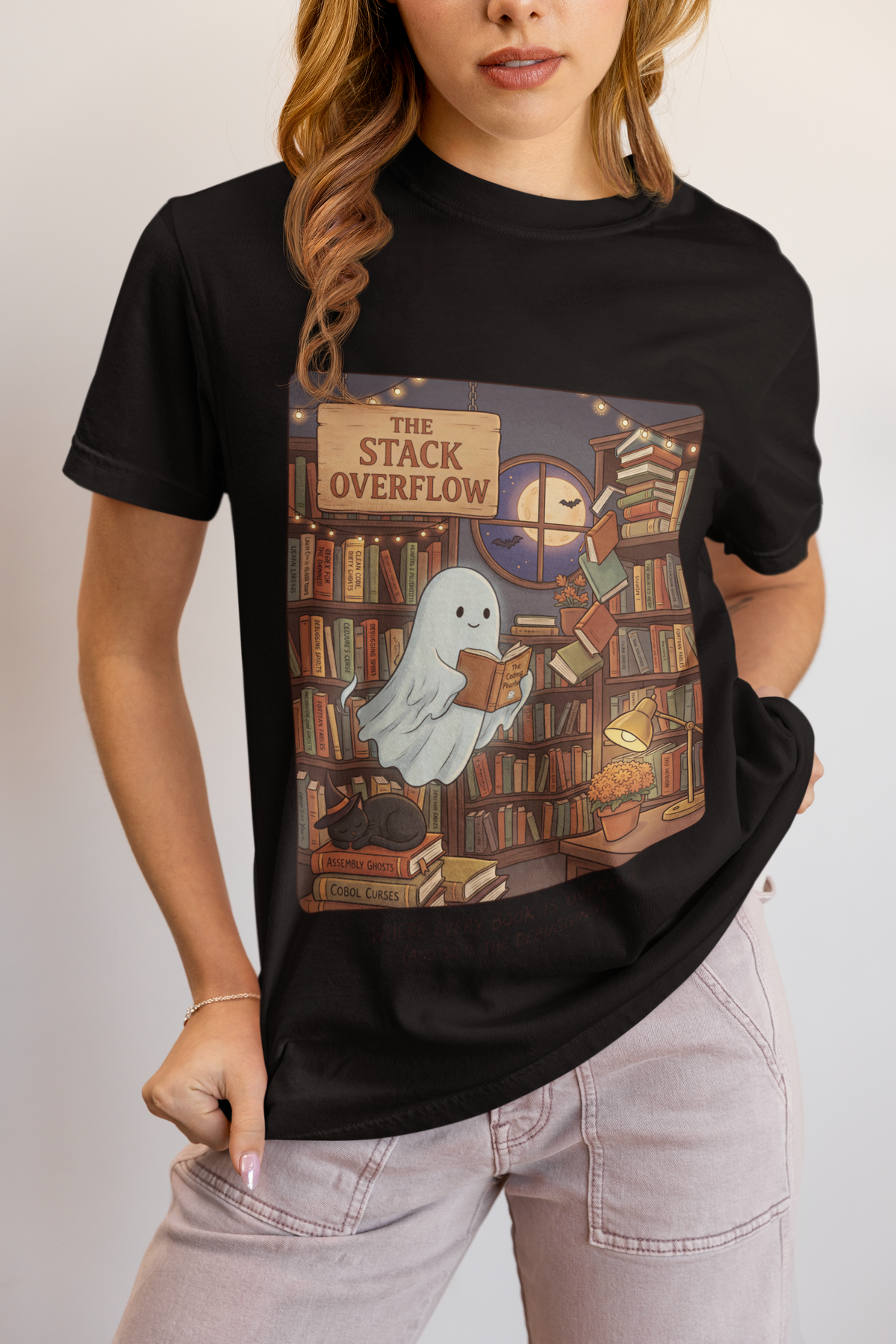The Stack Overflow Shirt, Funny Programmer Halloween Tee, Haunted Bookstore Ghost T-Shirt, Bookish Coder Gift, Cozy Autumn Nerd Shirt