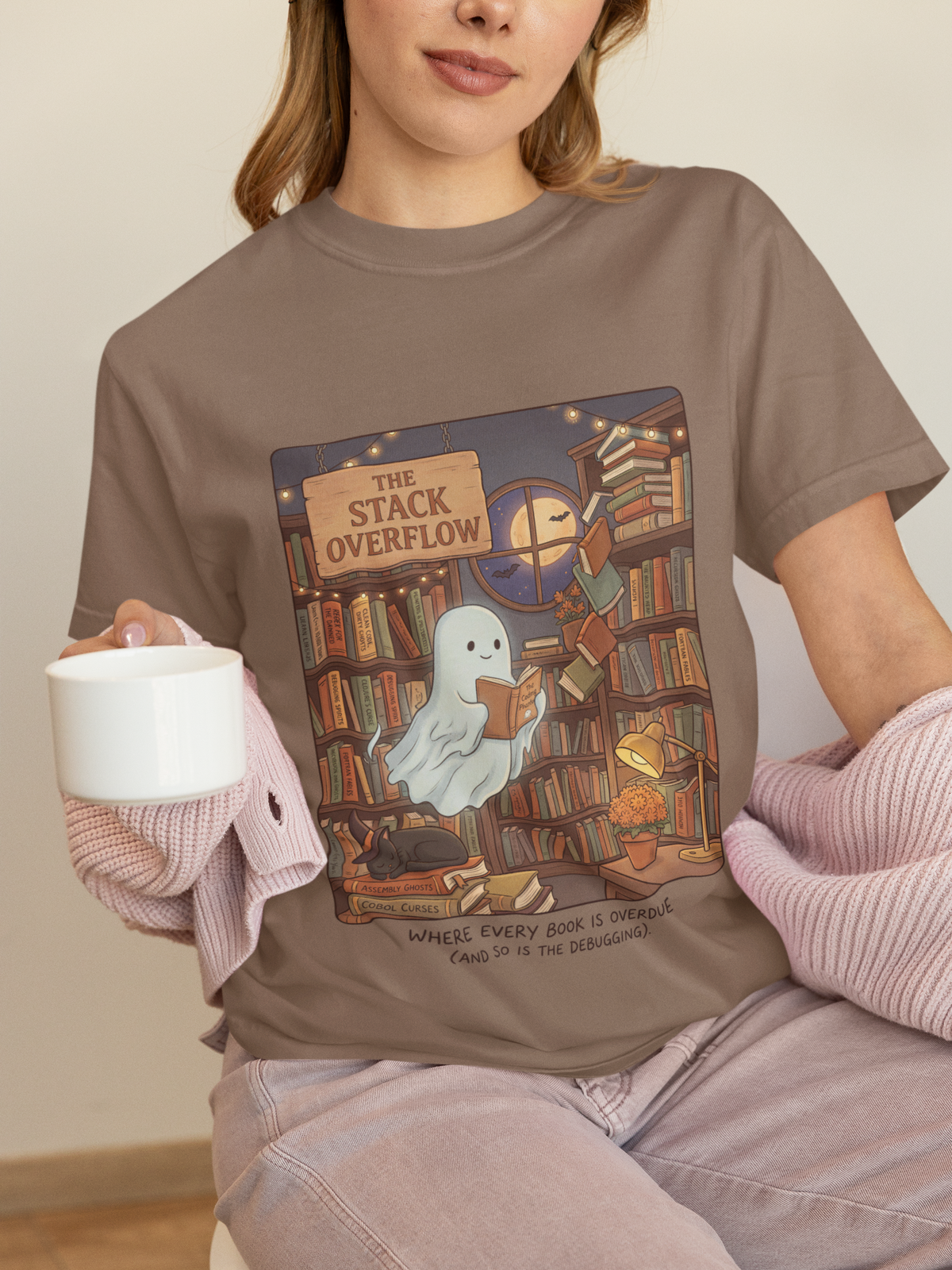 The Stack Overflow Shirt, Funny Programmer Halloween Tee, Haunted Bookstore Ghost T-Shirt, Bookish Coder Gift, Cozy Autumn Nerd Shirt