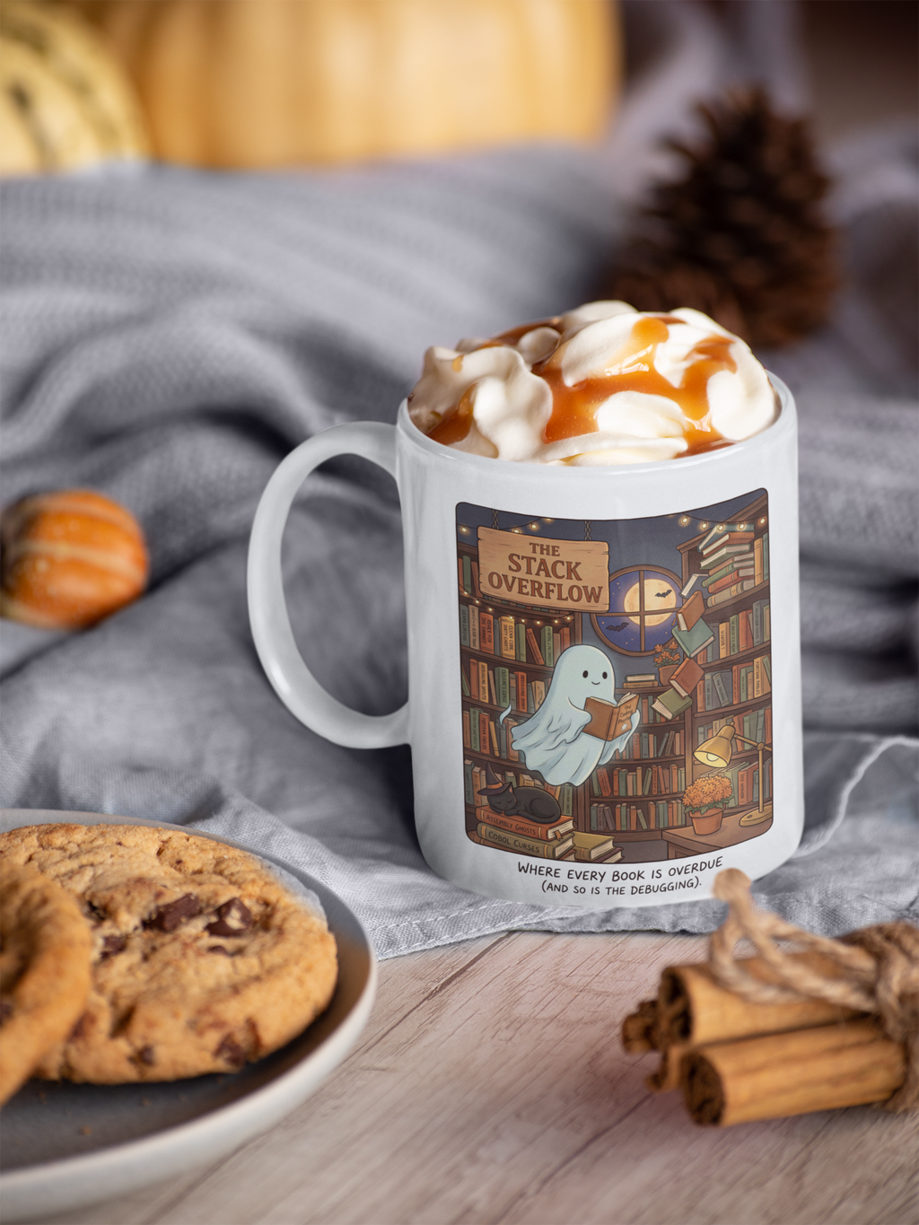 Ghost Library Mug, Funny Programmer Gift, Bookworm Coder Coffee Mug, Cozy Spooky Developer Gift, Book Lover IT Gift