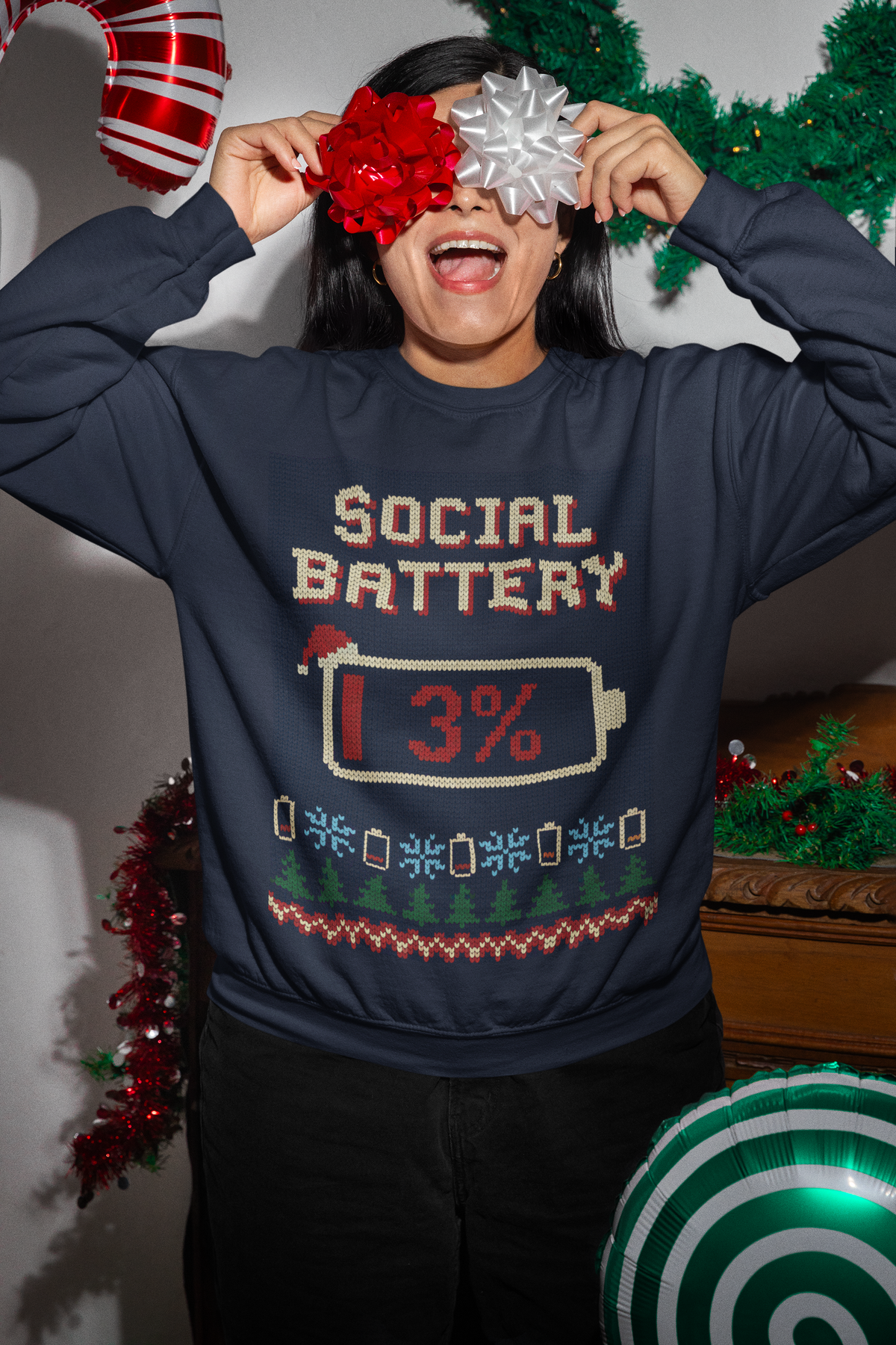 Social Battery 3% Ugly Christmas Sweatshirt, Funny Introvert Christmas Crewneck, Knit Look Holiday Gift for Introverts, Homebody Xmas