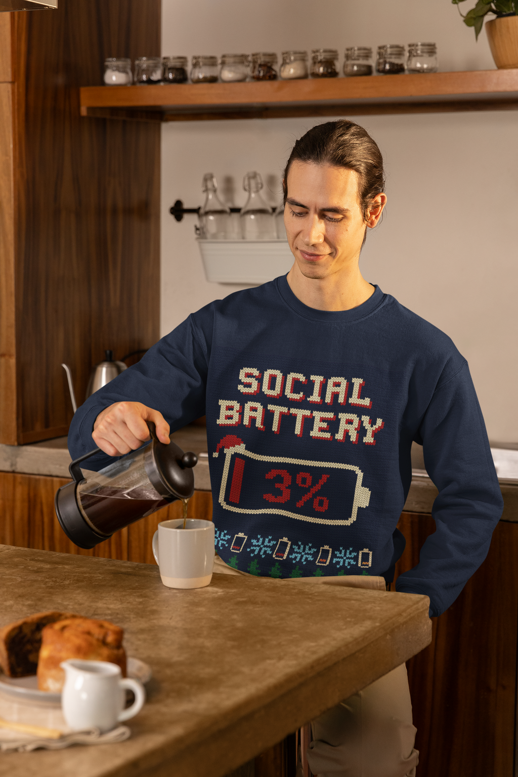 Social Battery 3% Ugly Christmas Sweatshirt, Funny Introvert Christmas Crewneck, Knit Look Holiday Gift for Introverts, Homebody Xmas