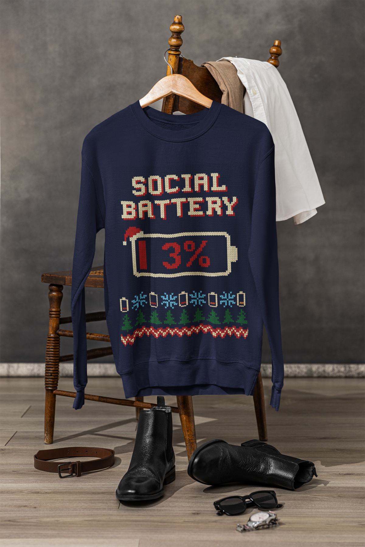 Social Battery 3% Ugly Christmas Sweatshirt, Funny Introvert Christmas Crewneck, Knit Look Holiday Gift for Introverts, Homebody Xmas