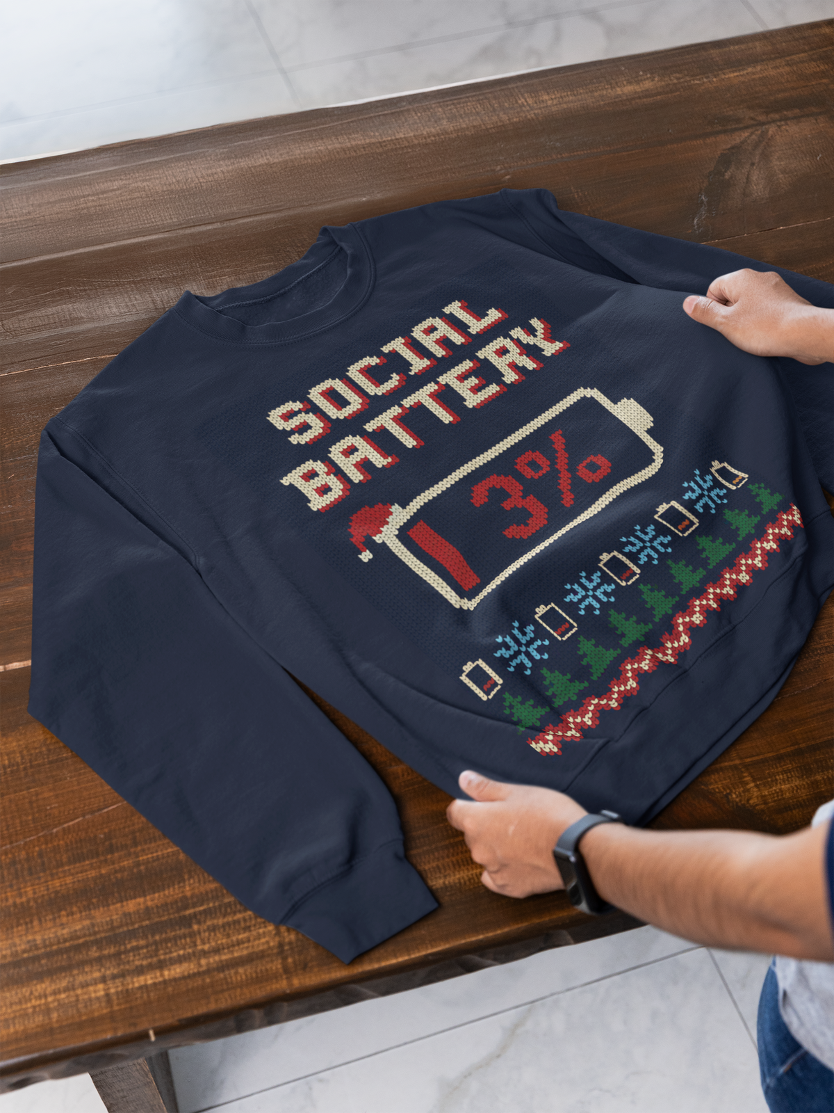 Social Battery 3% Ugly Christmas Sweatshirt, Funny Introvert Christmas Crewneck, Knit Look Holiday Gift for Introverts, Homebody Xmas