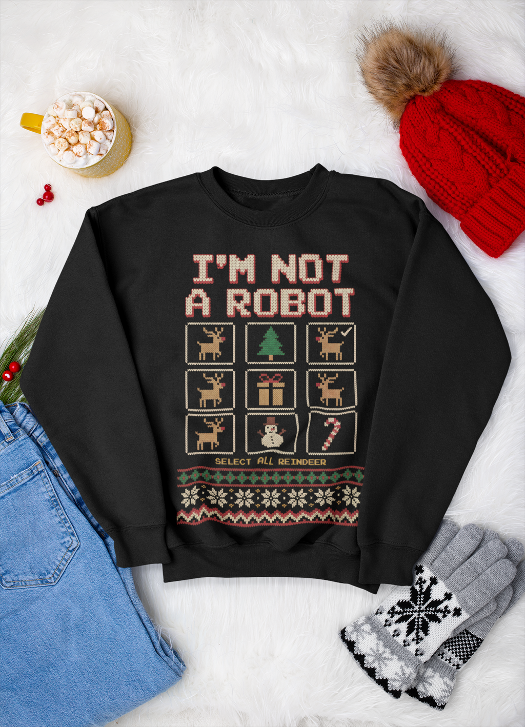 I'm Not a Robot Ugly Christmas Sweatshirt, Funny Captcha Reindeer Crewneck, Programmer IT Tech Nerd Gift, Geeky Knit Look Xmas Sweater