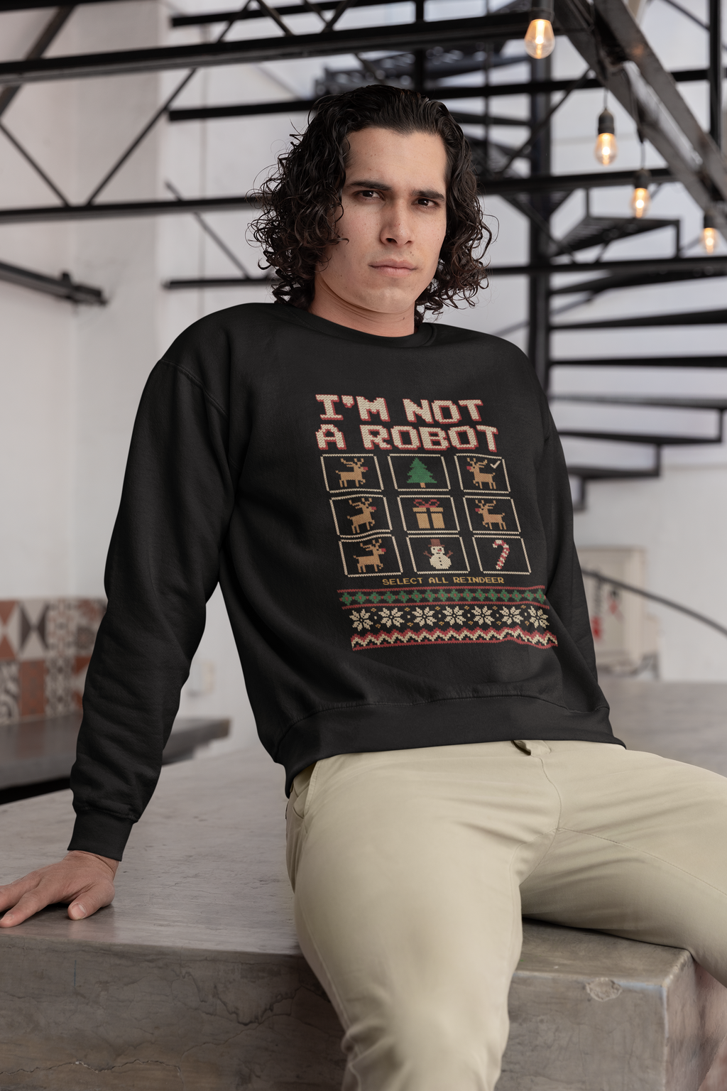 I'm Not a Robot Ugly Christmas Sweatshirt, Funny Captcha Reindeer Crewneck, Programmer IT Tech Nerd Gift, Geeky Knit Look Xmas Sweater