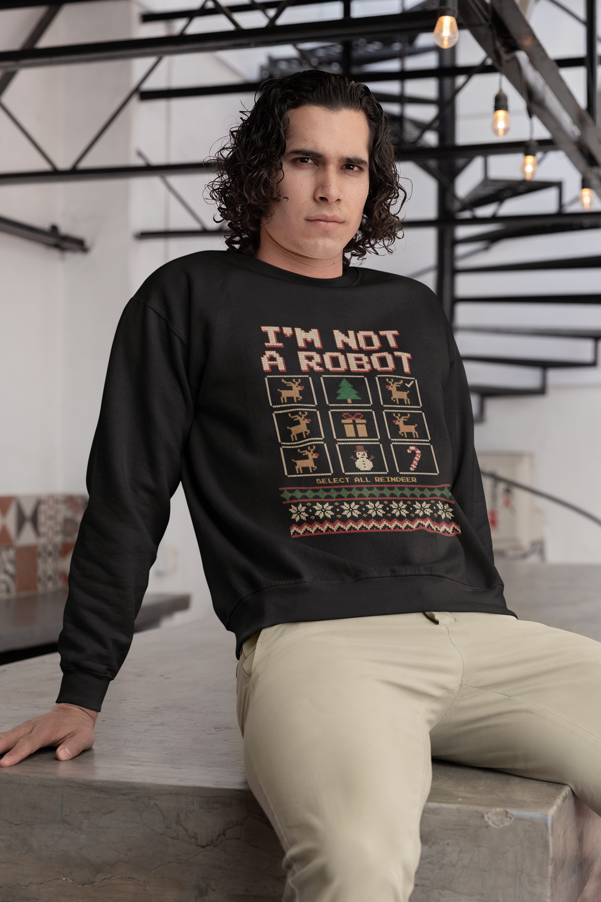 I'm Not a Robot Ugly Christmas Sweatshirt, Funny Captcha Reindeer Crewneck, Programmer IT Tech Nerd Gift, Geeky Knit Look Xmas Sweater