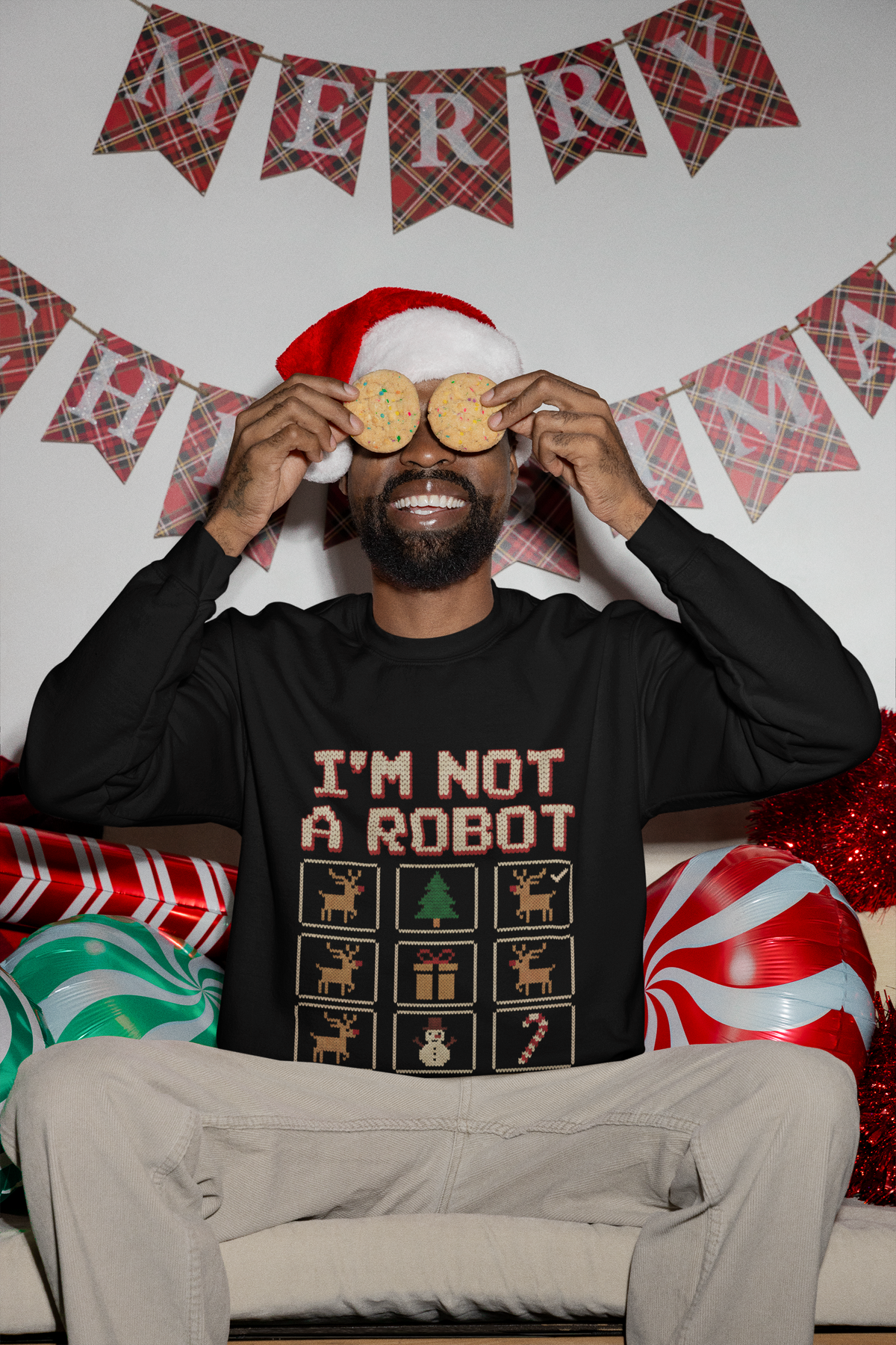 I'm Not a Robot Ugly Christmas Sweatshirt, Funny Captcha Reindeer Crewneck, Programmer IT Tech Nerd Gift, Geeky Knit Look Xmas Sweater
