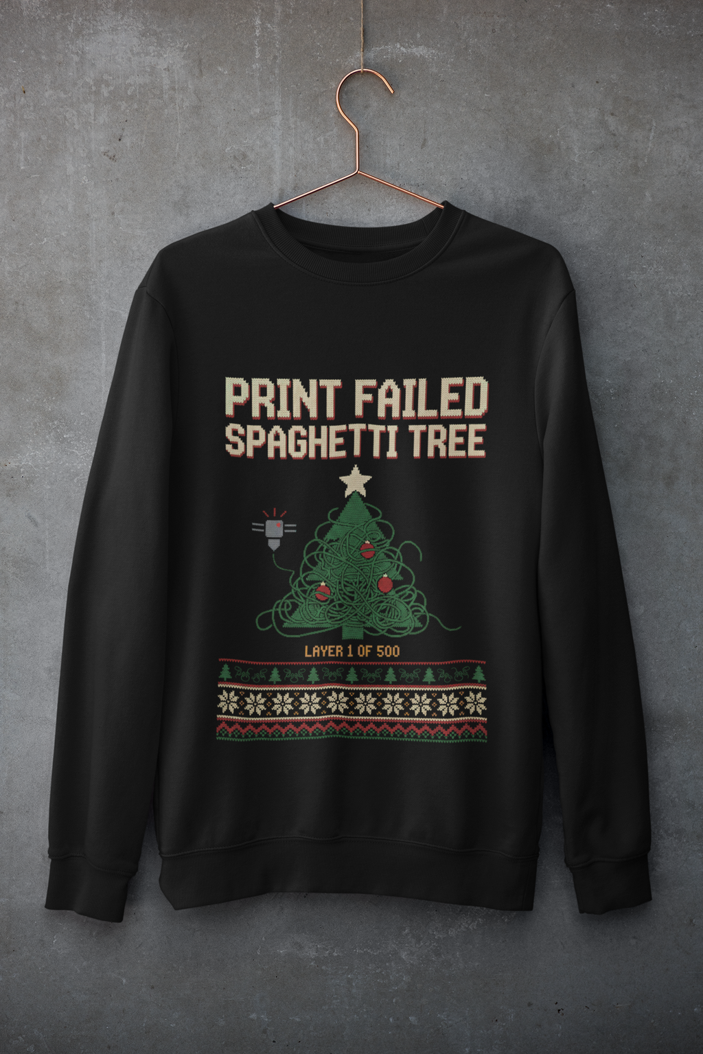 Print Failed Ugly Christmas Sweatshirt, Funny 3D Printer Crewneck, Maker Gift, Filament Spaghetti Xmas Sweater, Knit Look Nerd Holiday