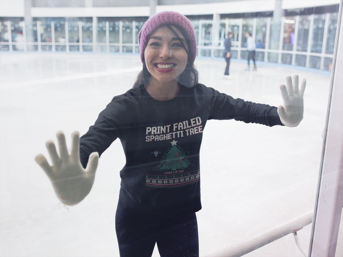 Print Failed Ugly Christmas Sweatshirt, Funny 3D Printer Crewneck, Maker Gift, Filament Spaghetti Xmas Sweater, Knit Look Nerd Holiday