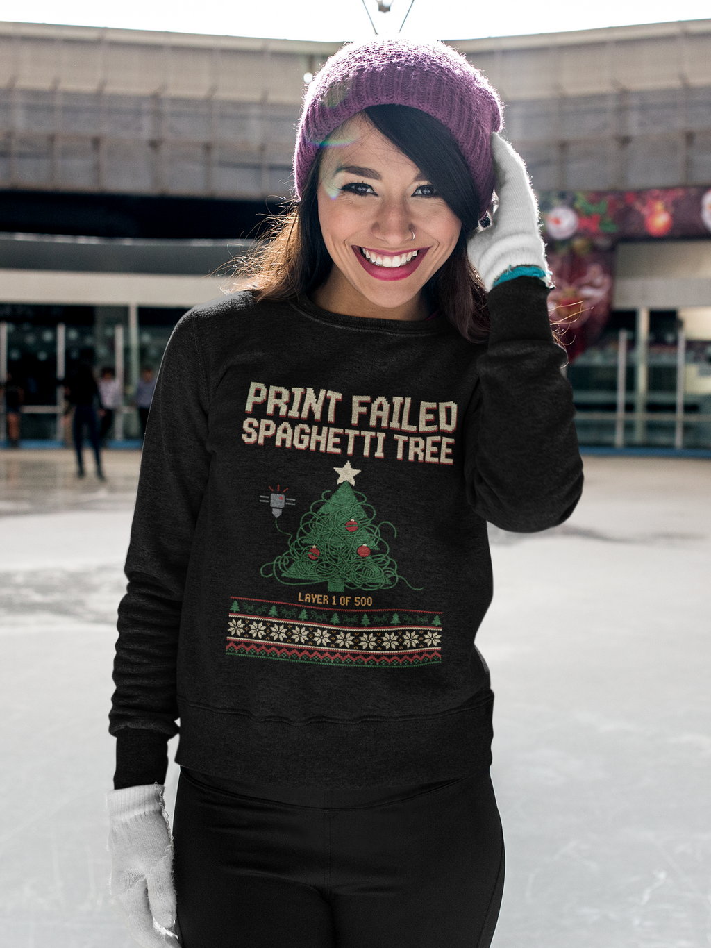 Print Failed Ugly Christmas Sweatshirt, Funny 3D Printer Crewneck, Maker Gift, Filament Spaghetti Xmas Sweater, Knit Look Nerd Holiday
