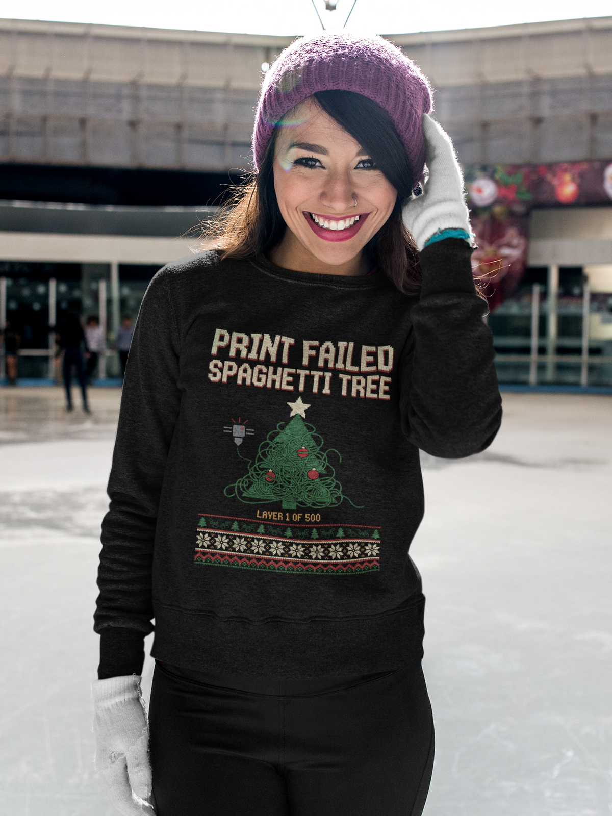 Print Failed Ugly Christmas Sweatshirt, Funny 3D Printer Crewneck, Maker Gift, Filament Spaghetti Xmas Sweater, Knit Look Nerd Holiday