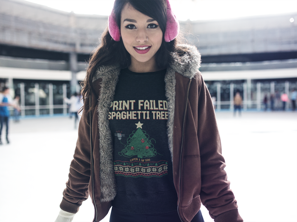 Print Failed Ugly Christmas Sweatshirt, Funny 3D Printer Crewneck, Maker Gift, Filament Spaghetti Xmas Sweater, Knit Look Nerd Holiday