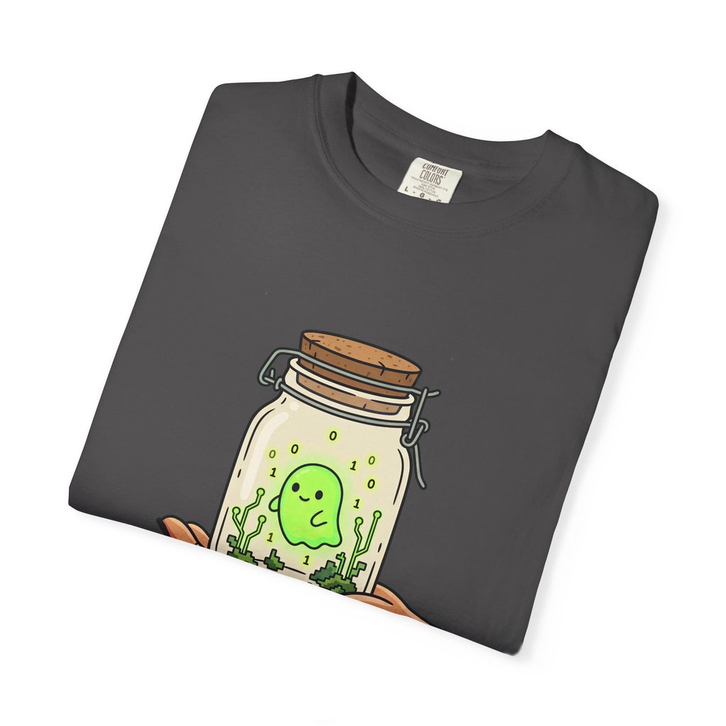 Caught a Bug Ghost in a Jar T-Shirt, Funny Halloween Shirt for Programmers, Developers & Computer Geeks, Cute Data Ghost Terrarium Tee