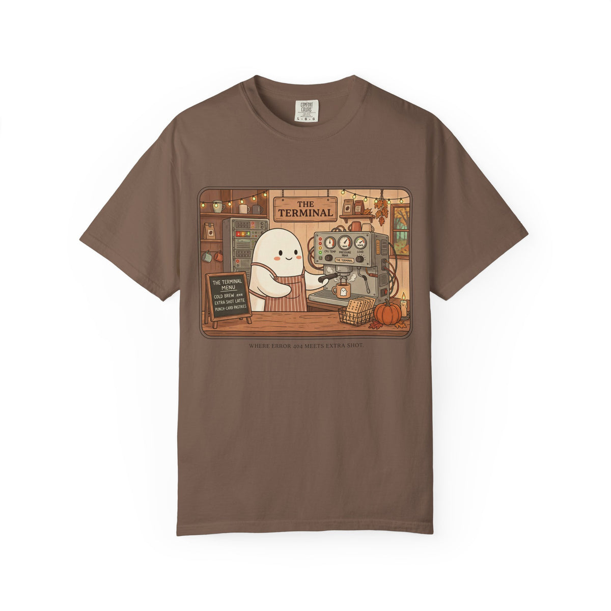 Halloween Ghost Barista Shirt, Funny Coffee Nerd Tee, Programmer Halloween T-Shirt, Computer Science Gift, Error 404 Extra Shot, Comfort Colors