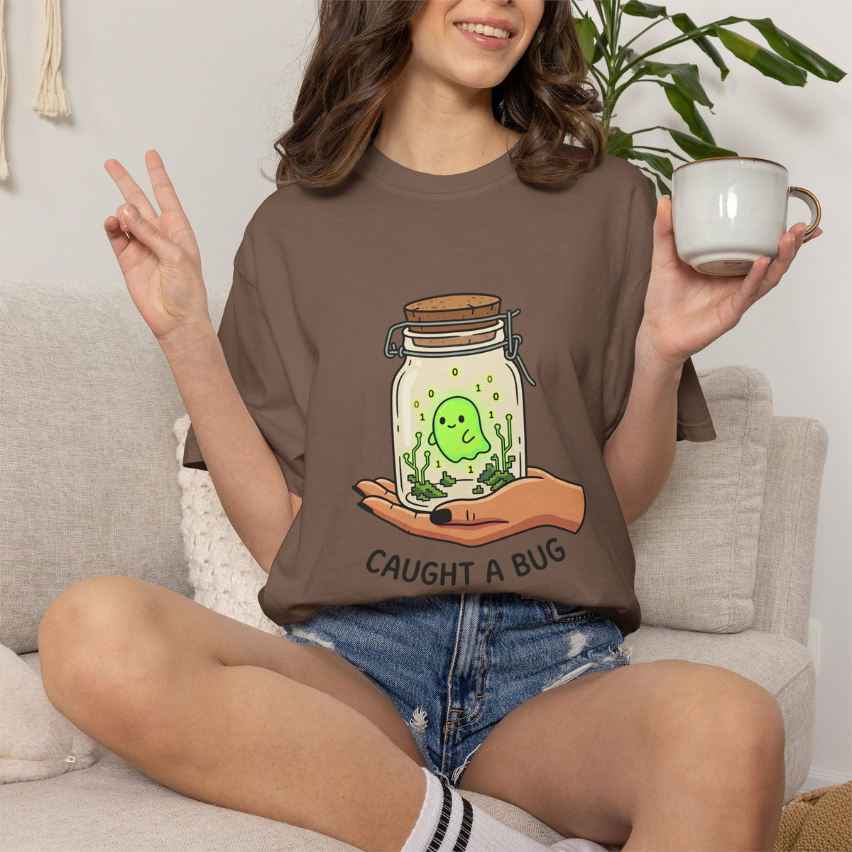 Caught a Bug Ghost in a Jar T-Shirt, Funny Halloween Shirt for Programmers, Developers & Computer Geeks, Cute Data Ghost Terrarium Tee