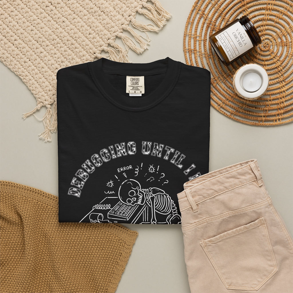 Debugging Until I Die Shirt, Funny Programmer Halloween Tee, Skeleton Coder T-Shirt, Software Developer Gift, Computer Nerd Tee