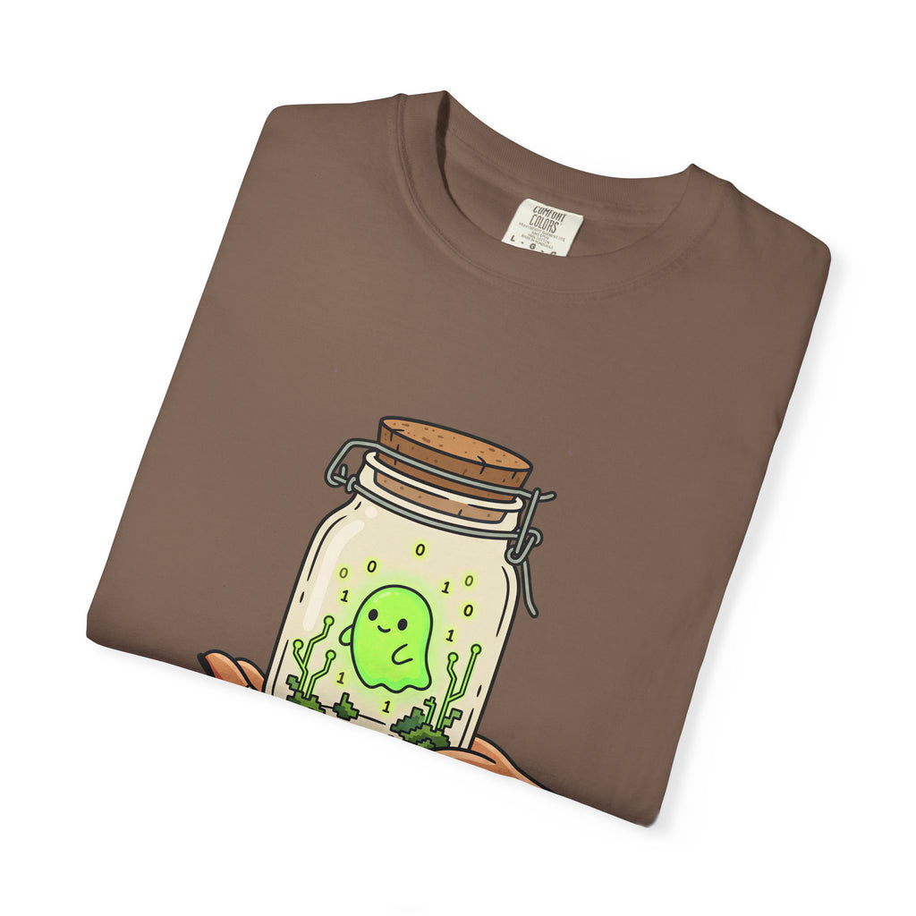 Caught a Bug Ghost in a Jar T-Shirt, Funny Halloween Shirt for Programmers, Developers & Computer Geeks, Cute Data Ghost Terrarium Tee